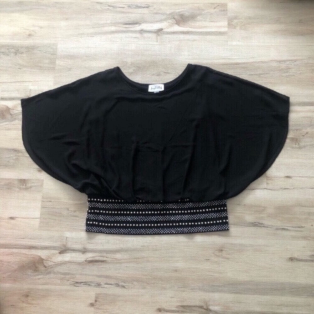 Joseph Ribkoff Black Batwing Top with Patterned Waistband